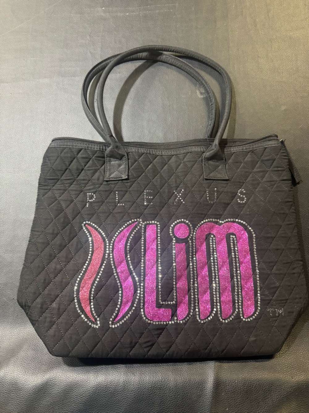 Black Quilted Tote with Pink Accent Logo